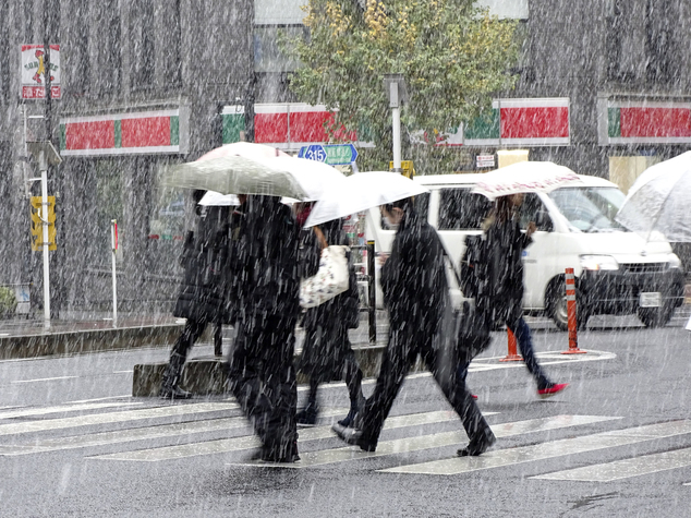 Pedestrians cross a street in the snow in Tokyo, Thursday, Nov. 24, 2016. Tokyo residents have woken up to the first November snowfall in more than 50 years. An unusually cold air mass brought wet snow to Japan's capital on Thursday. Above-freezing temperatures kept the snow from sticking, but forecasters said there could be an accumulation of up to 2 centimeters (1 inch). The last time it snowed in central Tokyo in November was in 1962.  (AP Photo/Eugene Hoshiko)