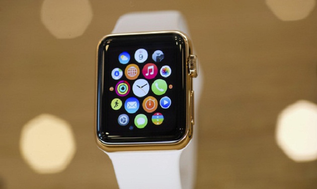 A gold plated Apple Watch is seen at an Apple Store in Berlin