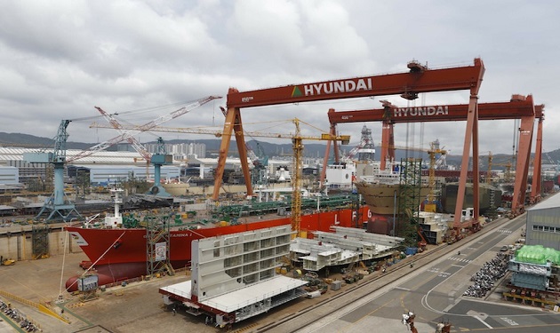 Shipyard of Hyundai Heavy Industries is seen in Ulsan