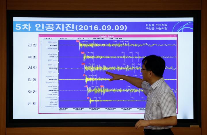 Ryoo Yong-gyu, Earthquake and Volcano Monitoring Division Director, points at a chart showing seismic waves observed in South Korea, during a media briefing at Korea Meteorological Administration in Seoul, South Korea, September 9, 2016. REUTERS/Kim Hong-Ji