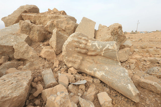 Remains of wall panels and colossal statues of winged bulls, destroyed by Islamic State militants are seen in the Assyrian city of Nimrud eastern bank of the Tigris River, south of Mosul, Iraq, November 16, 2016. REUTERS/Ari Jalal