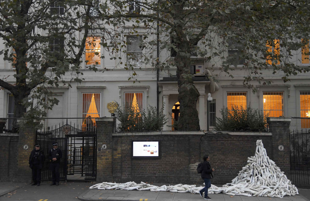 Piles on mannequin limbs are seen outside the Russia's embassy in London as part of a protest against military action in Syria, November 3, 2016. REUTERS/Toby Melville