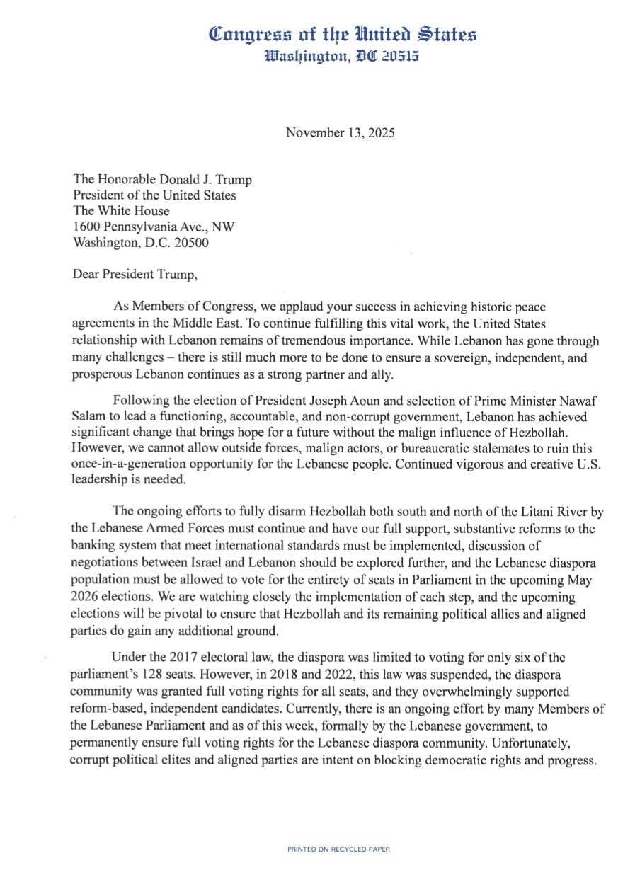 رسالة حازمة من أعضاء بالكونغرس إلى ترامب بشأن لبنان!