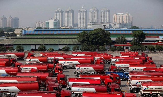 File photo of fuel tank drivers at a state-owned Pertamina fuel depot in Jakarta